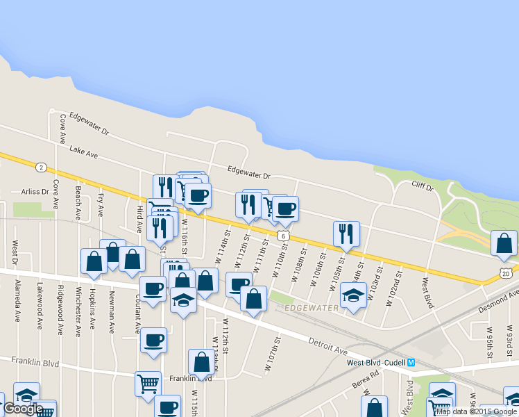 map of restaurants, bars, coffee shops, grocery stores, and more near 11206 Clifton Boulevard in Cleveland