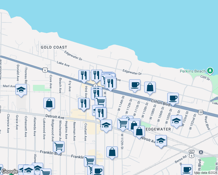 map of restaurants, bars, coffee shops, grocery stores, and more near 11508 U.S. 6 in Cleveland