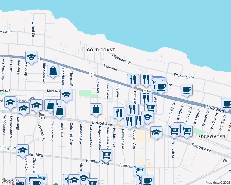 map of restaurants, bars, coffee shops, grocery stores, and more near 1297 Fry Avenue in Lakewood