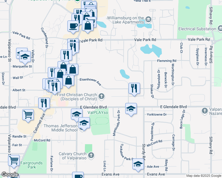 map of restaurants, bars, coffee shops, grocery stores, and more near 1601 Truman Avenue in Valparaiso
