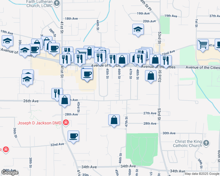 map of restaurants, bars, coffee shops, grocery stores, and more near 2501 46th Street in Moline