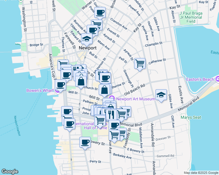 map of restaurants, bars, coffee shops, grocery stores, and more near 12 Catherine Street in Newport