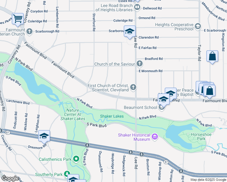 map of restaurants, bars, coffee shops, grocery stores, and more near 3107 Fairmount Boulevard in Cleveland Heights