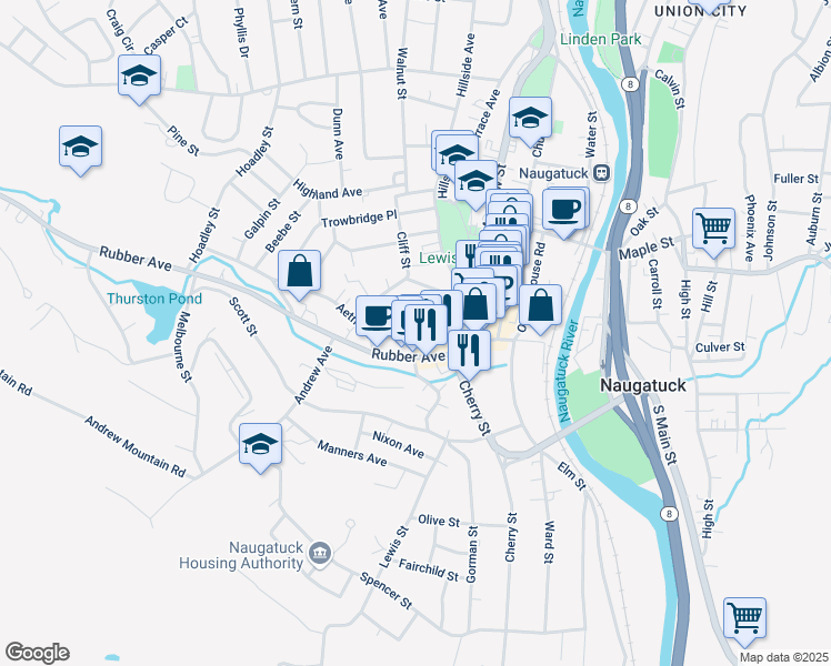 map of restaurants, bars, coffee shops, grocery stores, and more near 21 Pond Street in Naugatuck