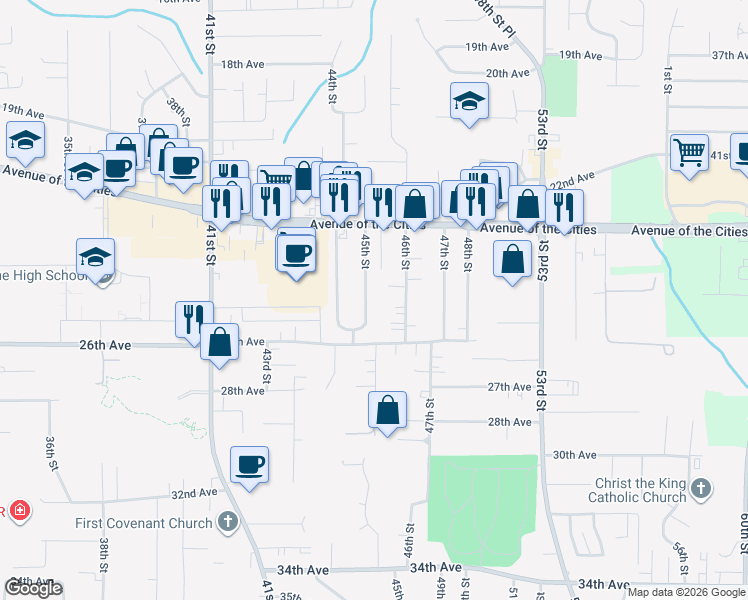 map of restaurants, bars, coffee shops, grocery stores, and more near 2501 46th Street in Moline