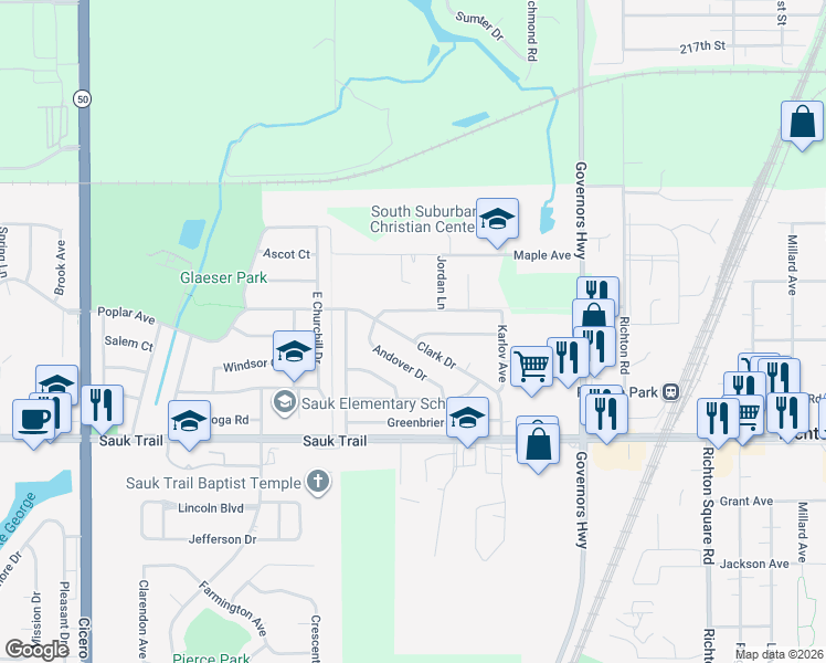 map of restaurants, bars, coffee shops, grocery stores, and more near 4241 Clark Drive in Richton Park
