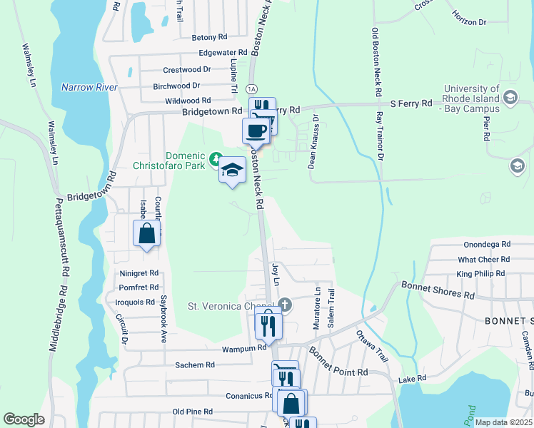 map of restaurants, bars, coffee shops, grocery stores, and more near 1123 Boston Neck Road in Narragansett