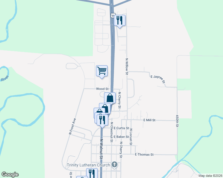 map of restaurants, bars, coffee shops, grocery stores, and more near 101 West Wood Street in Avoca