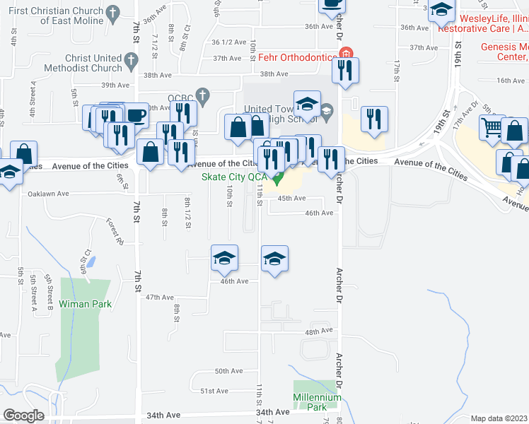 map of restaurants, bars, coffee shops, grocery stores, and more near 4533 11th Street Court in East Moline