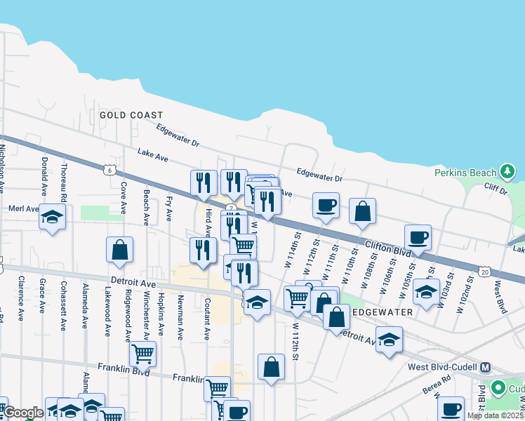 map of restaurants, bars, coffee shops, grocery stores, and more near 11508 U.S. 6 in Cleveland