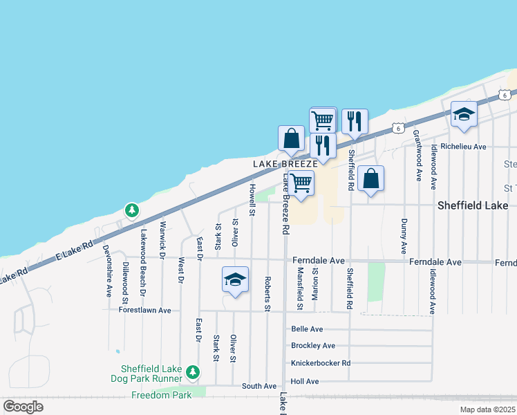 map of restaurants, bars, coffee shops, grocery stores, and more near 728 Roberts Street in Sheffield Lake