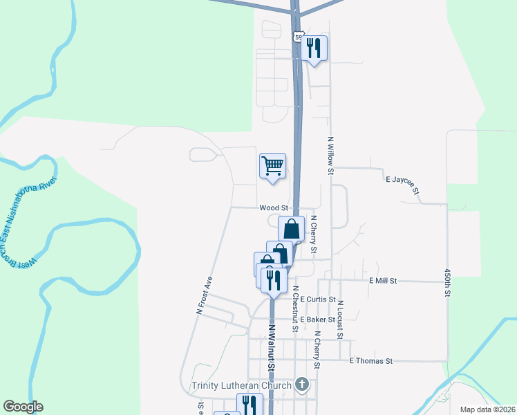 map of restaurants, bars, coffee shops, grocery stores, and more near 101-199 West Wood Street in Avoca