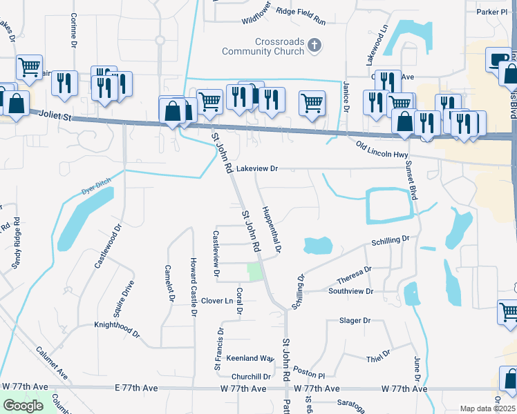 map of restaurants, bars, coffee shops, grocery stores, and more near 1929 Saint John Road in Schererville