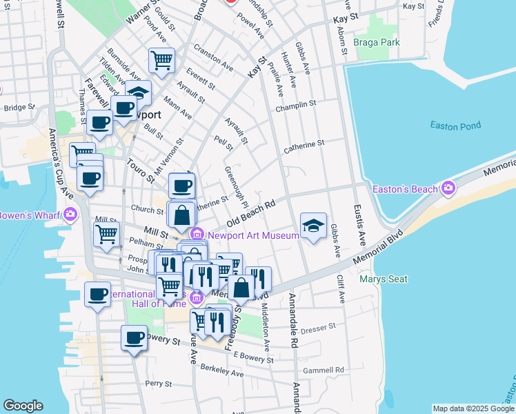 map of restaurants, bars, coffee shops, grocery stores, and more near 50 Old Beach Road in Newport