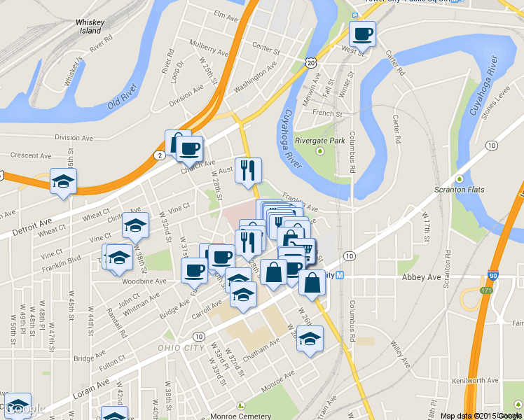 map of restaurants, bars, coffee shops, grocery stores, and more near 1720 West 25th Street in Cleveland