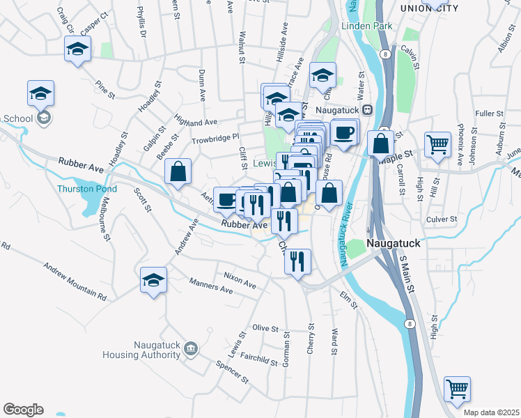 map of restaurants, bars, coffee shops, grocery stores, and more near 239 Rubber Avenue in Naugatuck