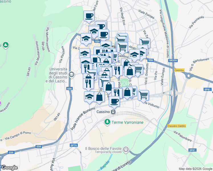 map of restaurants, bars, coffee shops, grocery stores, and more near 99 Viale Dante in Cassino