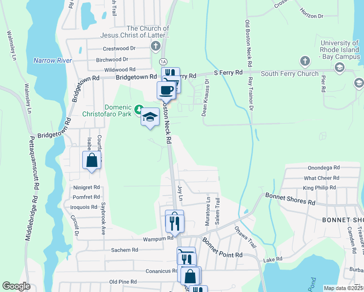 map of restaurants, bars, coffee shops, grocery stores, and more near 1123 Boston Neck Road in Narragansett