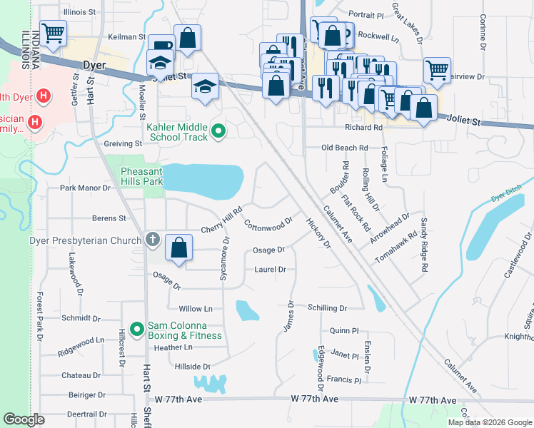 map of restaurants, bars, coffee shops, grocery stores, and more near 701 Cottonwood Dr in Dyer