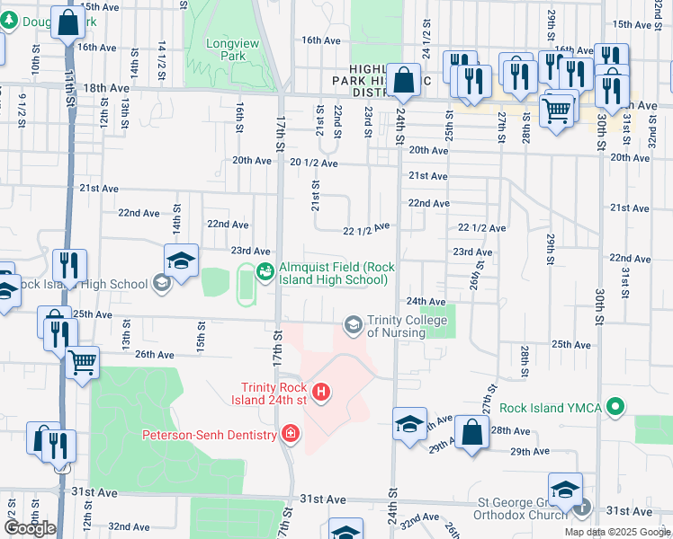 map of restaurants, bars, coffee shops, grocery stores, and more near in Rock Island