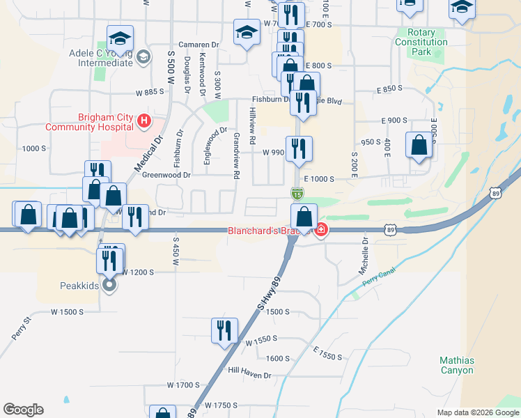 map of restaurants, bars, coffee shops, grocery stores, and more near 1060 South Main Street in Brigham City