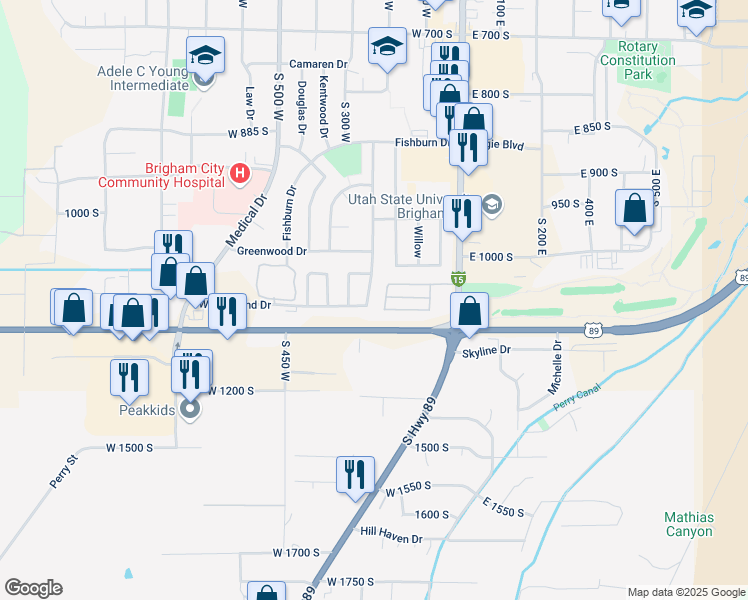map of restaurants, bars, coffee shops, grocery stores, and more near 263 West Westland Drive in Brigham City