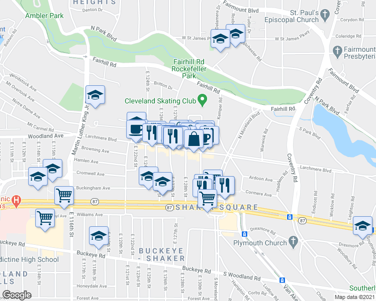 map of restaurants, bars, coffee shops, grocery stores, and more near Larchmere Blvd & Kendall Rd in Cleveland