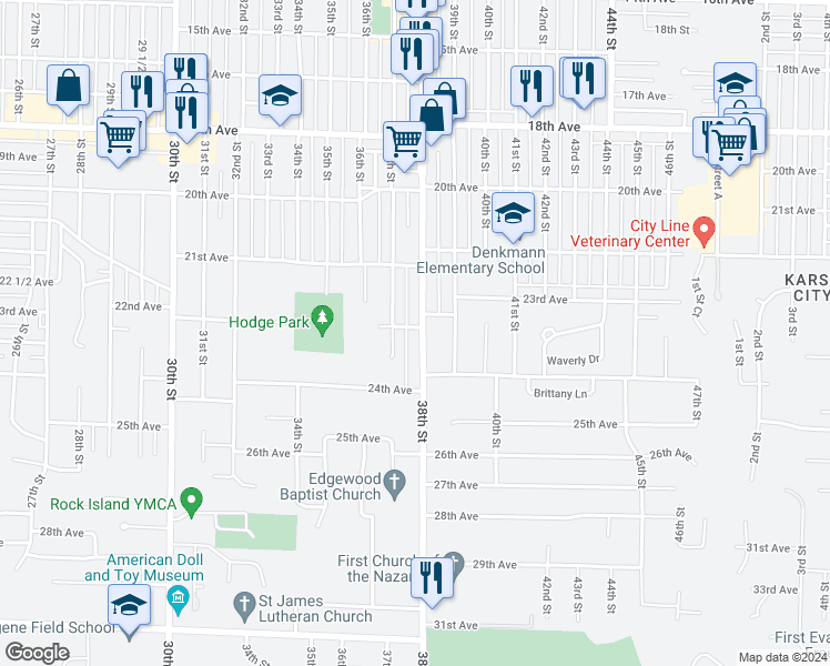 map of restaurants, bars, coffee shops, grocery stores, and more near 3720 23rd Avenue in Rock Island