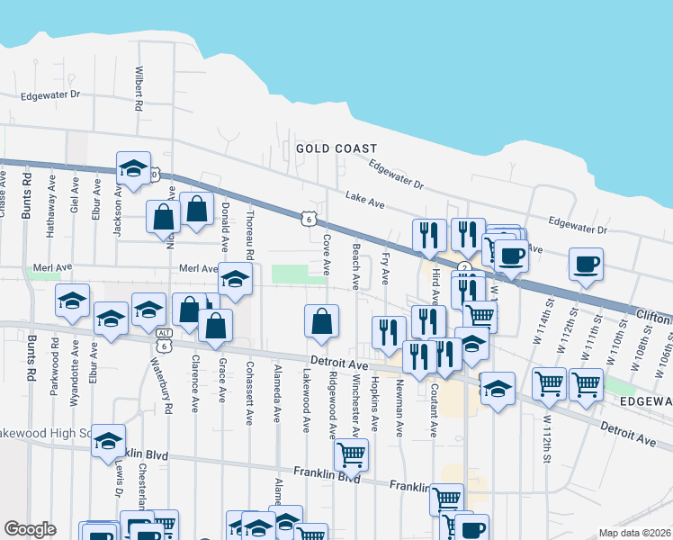 map of restaurants, bars, coffee shops, grocery stores, and more near 1277 Cove Avenue in Lakewood