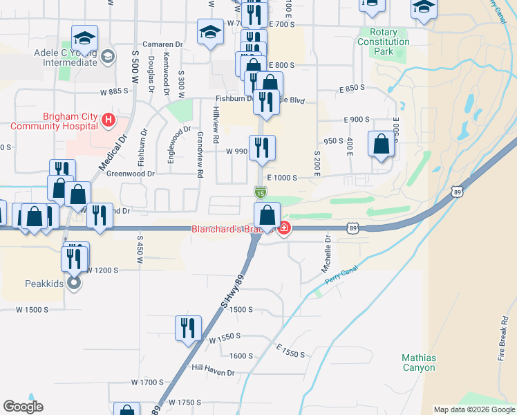 map of restaurants, bars, coffee shops, grocery stores, and more near 1084 South Main Street in Brigham City