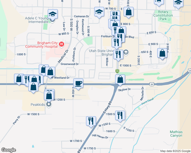 map of restaurants, bars, coffee shops, grocery stores, and more near 263 West Westland Drive in Brigham City