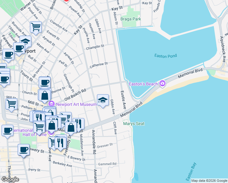 map of restaurants, bars, coffee shops, grocery stores, and more near 410 Gibbs Avenue in Newport