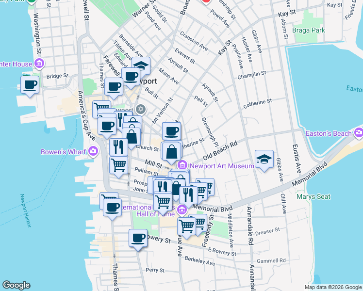 map of restaurants, bars, coffee shops, grocery stores, and more near 38 Bellevue Avenue in Newport