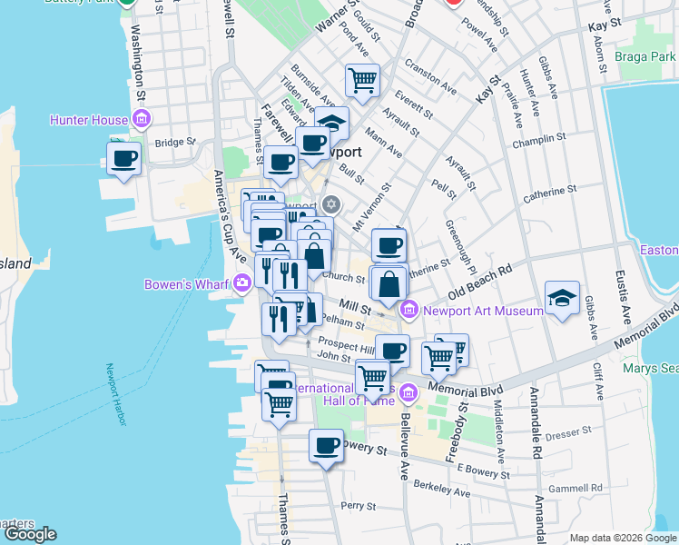 map of restaurants, bars, coffee shops, grocery stores, and more near 95 Church Street in Newport