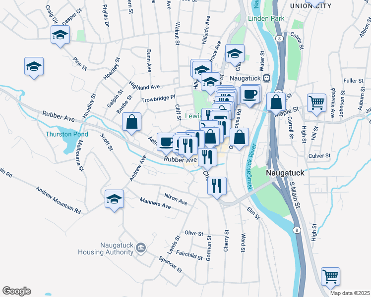 map of restaurants, bars, coffee shops, grocery stores, and more near 239 Rubber Avenue in Naugatuck