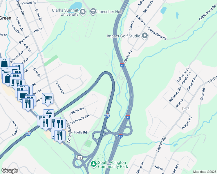 map of restaurants, bars, coffee shops, grocery stores, and more near 339 Edella Road in Lackawanna County