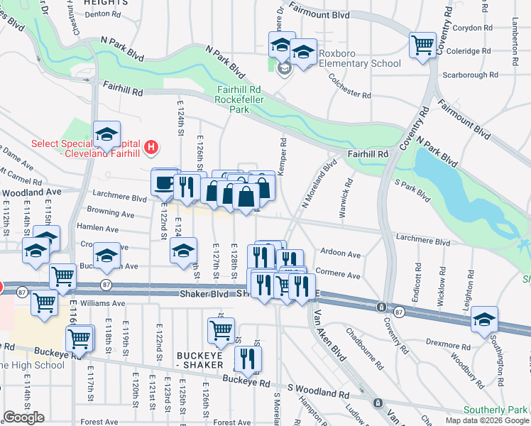 map of restaurants, bars, coffee shops, grocery stores, and more near in Cleveland