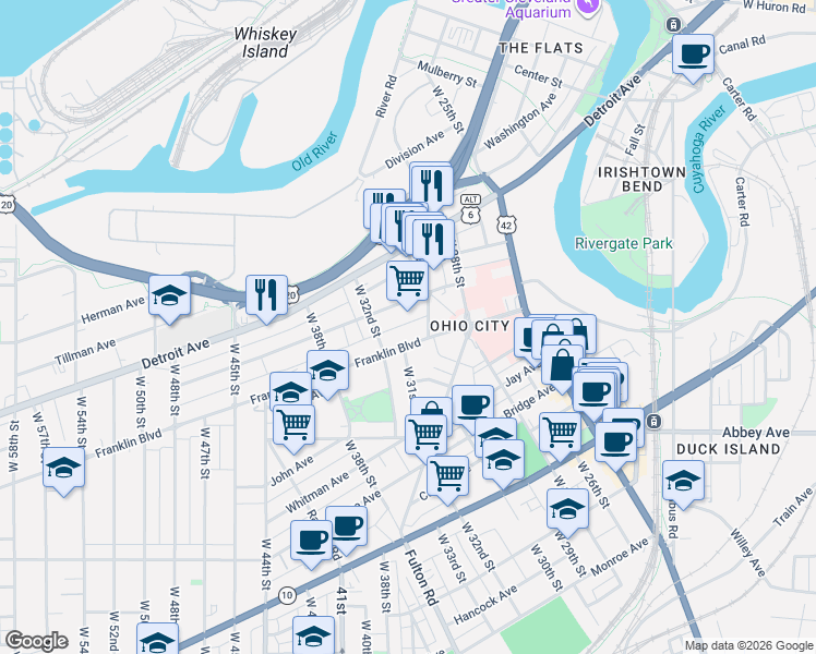 map of restaurants, bars, coffee shops, grocery stores, and more near 3014 Franklin Boulevard in Cleveland
