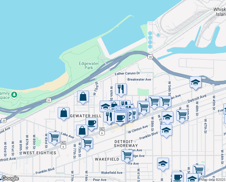 map of restaurants, bars, coffee shops, grocery stores, and more near 1271 West 69th Street in Cleveland