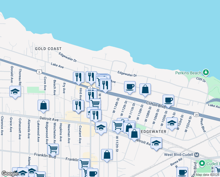 map of restaurants, bars, coffee shops, grocery stores, and more near 11508 U.S. 6 in Cleveland