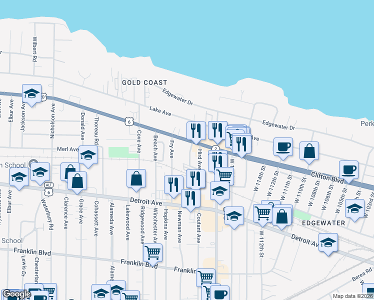 map of restaurants, bars, coffee shops, grocery stores, and more near 1291 Idlewood Avenue in Lakewood