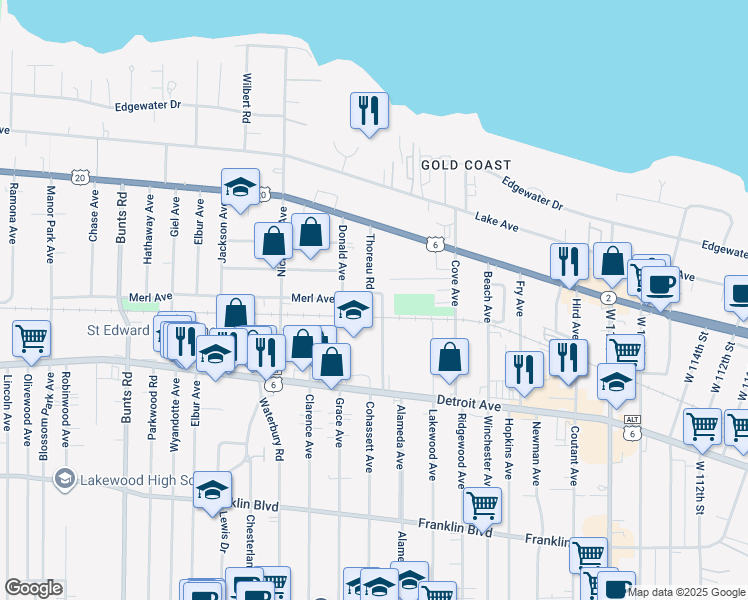 map of restaurants, bars, coffee shops, grocery stores, and more near 1305 Thoreau Road in Lakewood