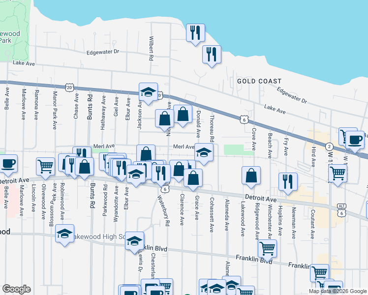 map of restaurants, bars, coffee shops, grocery stores, and more near 13226 Hazelwood Avenue in Lakewood