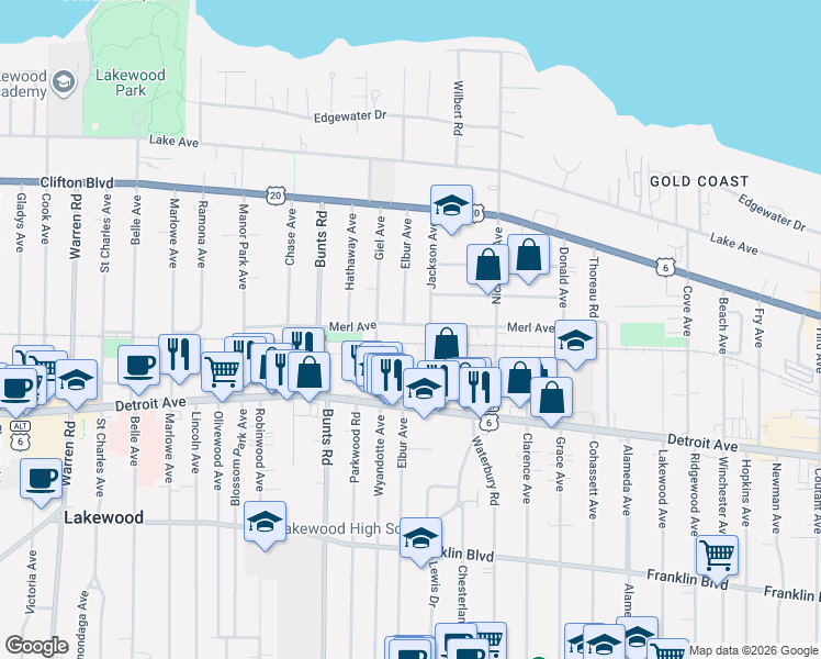 map of restaurants, bars, coffee shops, grocery stores, and more near 13511 Merl Avenue in Lakewood