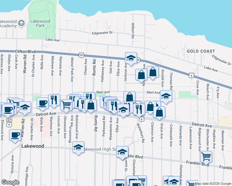 map of restaurants, bars, coffee shops, grocery stores, and more near 13511 Merl Avenue in Lakewood