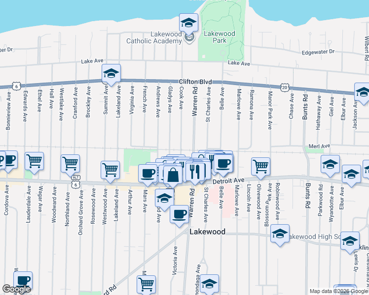 map of restaurants, bars, coffee shops, grocery stores, and more near 1337 Warren Road in Lakewood
