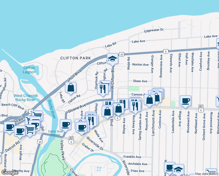 map of restaurants, bars, coffee shops, grocery stores, and more near 18120 Sloane Avenue in Lakewood