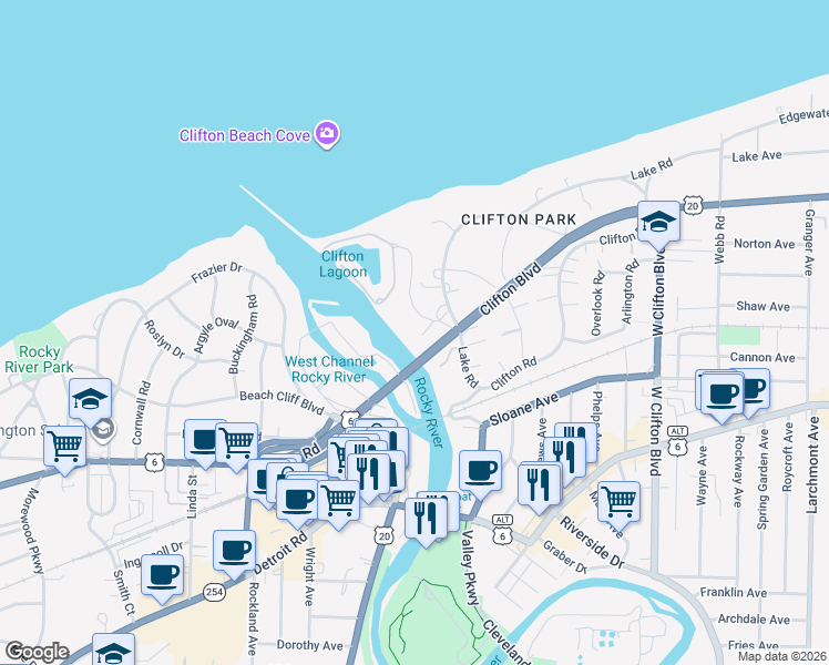 map of restaurants, bars, coffee shops, grocery stores, and more near 17888 Clifton Park Lane in Lakewood