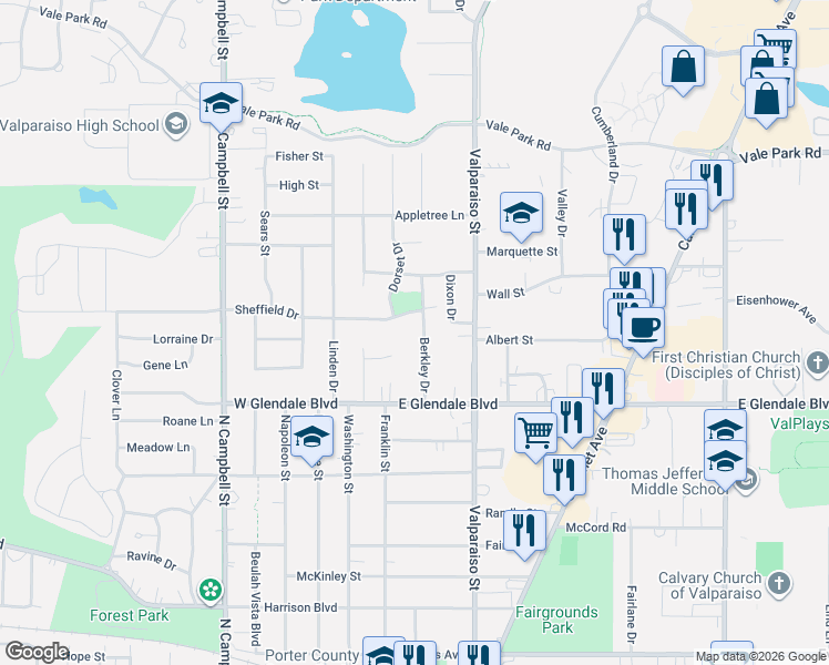 map of restaurants, bars, coffee shops, grocery stores, and more near 1901-2199 Berkley Drive in Valparaiso