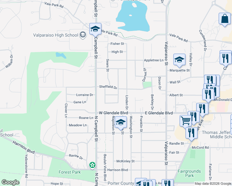 map of restaurants, bars, coffee shops, grocery stores, and more near 2001-2099 Vine Street in Valparaiso